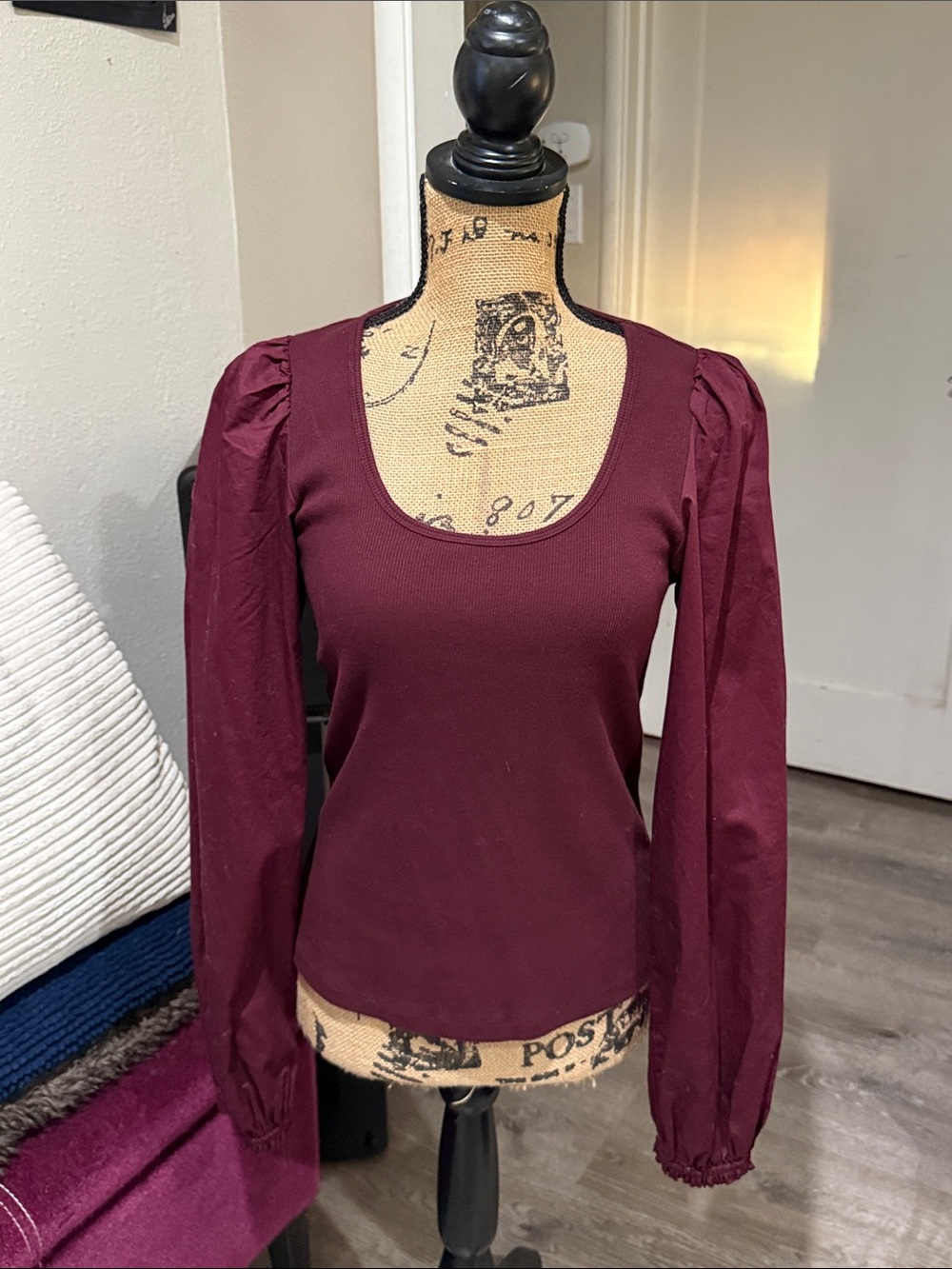 Old Navy Burgundy Scoop Neck Long Sleeve Top with Puff Shoulders